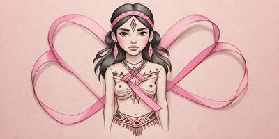 The primary subject of the image is a woman with a topless appearance, wearing a necklace and a pink ribbon. She is depicted in a colorful and artistic manner, with a combination of pink and brown colors. The setting is a pink background, which adds to the overall mood of the image. The visual style is a combination of digital art and illustration, creating a unique and eye-catching representation of the woman.