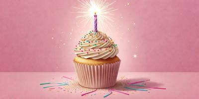 The primary subject of the image is a cupcake with a candle on top, placed on a pink surface. The cupcake is decorated with white frosting and colorful sprinkles. The setting is a pink background, which adds a festive and cheerful atmosphere to the scene. The visual style is a combination of photo and digital art, creating a realistic yet artistic representation of the cupcake and candle. The colors and mood of the image are predominantly pink and celebr