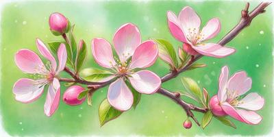 The primary subject of the image is a branch with pink flowers on it. The setting is a green background, which adds a natural and vibrant touch to the scene. The visual style is a combination of digital art and illustration, creating a realistic and detailed representation of the flowers and branch. The colors and mood of the image are predominantly pink, which gives the scene a warm and inviting atmosphere.