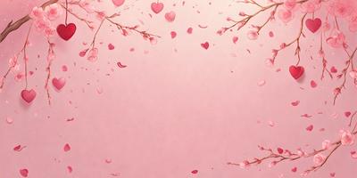 The primary subject of the image is a pink background with hearts scattered across it. The setting is a pink wall, and the visual style is a combination of a photo and digital art. The dominant colors are pink and white, creating a warm and inviting atmosphere.