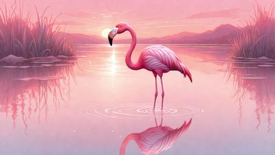 The primary subject of the image is a pink flamingo standing in a body of water, likely a lake or a pond. The flamingo is positioned near the center of the image, and its reflection can be seen in the water. The setting appears to be a serene and peaceful environment, with the flamingo being the main focus of the scene. The visual style of the image is a combination of photo and digital art, creating a realistic yet artistic representation of the flamingo and its surround