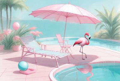 The primary subject of the image is a pink flamingo standing on a patio near a pool. The setting includes a patio with a chair and an umbrella, providing a relaxing atmosphere. The visual style is a pink and blue watercolor painting, giving the scene a vibrant and lively appearance. The colors and mood of the image are predominantly pink and blue, creating a warm and inviting ambiance.