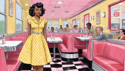 The image is a colorful, comic-style illustration of a woman in a yellow dress standing in a restaurant. The woman is the primary subject, and she is surrounded by several other people, some of whom are also wearing dresses. The setting is a restaurant, and the visual style is a combination of digital art and illustration. The colors are vibrant and lively, creating a cheerful and inviting atmosphere.