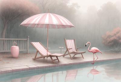 The primary subject of the image is a pink flamingo standing next to a pool. The setting is a swimming pool, and the visual style is a painting. The colors and mood of the image are predominantly pink, creating a warm and inviting atmosphere.