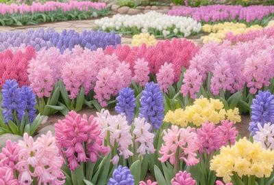 The primary subject of the image is a beautiful garden filled with a variety of colorful flowers. The garden is set in a sunny area, creating a vibrant and lively atmosphere. The flowers are arranged in a visually appealing manner, with some of them being pink, purple, yellow, and white. The garden is a perfect example of a well-maintained and colorful outdoor space.