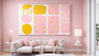 The primary subject of the image is a large painting of a couch, which is displayed on a pink wall. The setting is a living room, and the visual style appears to be a combination of a photo and a painting. The dominant colors in the painting are pink and yellow, creating a warm and inviting atmosphere.