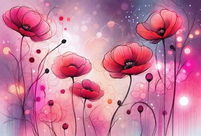 The primary subject of the image is a group of three red flowers, each with a different size and shape. They are set against a pink background, which adds a vibrant and warm atmosphere to the scene. The visual style of the image is a combination of digital art and illustration, creating a detailed and colorful representation of the flowers. The colors and mood of the image are predominantly pink, which evokes feelings of love, warmth, and happiness.