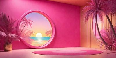 The primary subject of the image is a pink room with a large pink circle on the wall. The room features a pink carpet and a pink door. The setting is a beach, as indicated by the presence of palm trees in the background. The visual style is a combination of digital art and illustration, creating a unique and vibrant atmosphere. The dominant colors are pink and white, giving the room a warm and inviting feel.