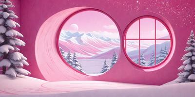 The primary subject of the image is a pink room with a large window. The room features a pink wall and a pink floor, creating a warm and inviting atmosphere. The setting is a snowy mountain landscape, which serves as the backdrop for the room. The visual style of the image is a combination of digital art and illustration, giving it a unique and creative appearance. The colors and mood of the image are predominantly pink, which adds a sense of warmth and comfort to the scene.