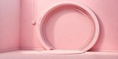The primary subject of the image is a large, pink, circular object. The setting is a pink wall, which serves as the background. The visual style is a combination of photo and digital art, creating a unique and eye-catching scene. The colors and mood of the image are predominantly pink, giving it a warm and inviting atmosphere.