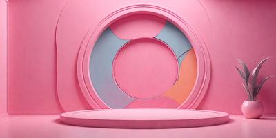 The primary subject of the image is a pink wall with a circular design on it. The wall is part of a larger pink structure, which appears to be a part of a building. The setting is indoors, and the visual style is a combination of photo and digital art. The dominant colors in the image are pink and orange, creating a warm and inviting atmosphere.