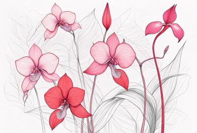 The primary subject of the image is a group of pink flowers, which are the main focus of the scene. The flowers are arranged in a visually appealing manner, with some of them being red. The setting is a white background, which provides a clean and minimalistic look to the image. The visual style is a combination of digital art and illustration, creating a vibrant and colorful scene. The dominant colors in the image are pink and red, giving the flowers a warm and inviting atmosphere.