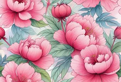 The primary subject of the image is a group of pink flowers, which are the main objects in the scene. The flowers are arranged in a pattern, creating a visually appealing and colorful display. The setting is a white background, which provides a clean and uncluttered environment for the flowers to stand out. The visual style of the image is a combination of digital art and illustration, as it features a detailed and intricate floral pattern. The dominant colors in the image are pink, which gives the flowers a warm