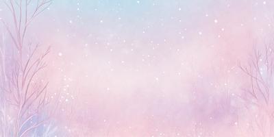 The primary subject of the image is a snowy landscape with a pink and purple hue. The setting is a field with snow falling, creating a serene and peaceful atmosphere. The visual style is a combination of digital art and illustration, giving the scene a unique and artistic appearance. The colors and mood convey a sense of tranquility and beauty, as the snowflakes gently fall on the pink and purple background.