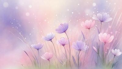 The primary subject of the image is a field of purple flowers. The setting is a grassy field with a pink and purple color scheme. The visual style is a digital art or illustration, creating a serene and peaceful atmosphere.