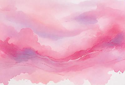 The primary subject of the image is a beautifully painted watercolor of a pink sky with clouds. The setting is a cloudy sky, and the visual style is a watercolor painting. The colors and mood of the image are predominantly pink, creating a warm and serene atmosphere.
