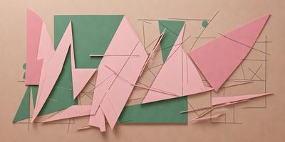 The primary subject of the image is a pink and green paper cutout. The setting is a table with a green and pink background. The visual style is a combination of digital art and illustration. The colors and mood of the image are predominantly pink and green, creating a warm and inviting atmosphere.
