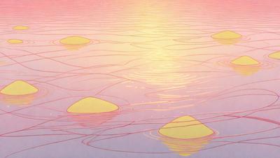 The primary subject of the image is a group of yellow balls floating on the water. The setting is a body of water, possibly a lake or ocean, with a sunset in the background. The visual style is a combination of digital art and illustration, creating a vibrant and lively atmosphere. The colors and mood of the image are predominantly warm and inviting, with the sunset adding a touch of serenity to the scene.