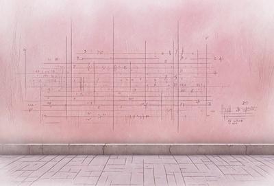 The primary subject of the image is a musical score, which is displayed on a pink wall. The setting is a room with a pink wall, and the visual style is a combination of a photo and a drawing. The colors and mood of the image are predominantly pink, creating a warm and inviting atmosphere.