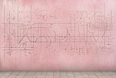 The primary subject of the image is a wall covered in a variety of writing, including numbers and symbols. The setting is a room with a pink wall, and the visual style appears to be a combination of digital art and illustration. The dominant colors in the image are pink and white, creating a warm and inviting atmosphere.