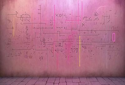 The primary subject of the image is a wall covered in a variety of symbols, numbers, and letters. The setting is a room with a pink wall, which adds a unique and vibrant touch to the scene. The visual style of the image is a combination of digital art and illustration, creating a dynamic and engaging atmosphere. The dominant colors in the image are pink and various shades of yellow, which contribute to the overall mood of the scene.
