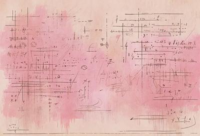 The primary subject of the image is a pink sheet of paper with various writing and symbols on it. The writing appears to be a mix of numbers and letters, creating a complex pattern. The setting is a room with a pink background, which adds to the overall atmosphere of the image. The visual style is a combination of handwriting and digital art, giving the impression of a creative and artistic expression.