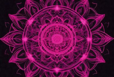 The primary subject of the image is a pink and purple mandala, which is a circular pattern with intricate designs. The setting is a black background, which contrasts with the vibrant colors of the mandala. The visual style is a combination of digital art and illustration, creating a unique and eye-catching design. The dominant colors are pink and purple, giving the image a warm and soothing atmosphere.