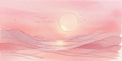 The primary subject of the image is a beautiful sunset, with the sun setting over a body of water. The setting is a serene beach, with the sun's rays reflecting off the water, creating a warm and inviting atmosphere. The visual style of the image is a combination of digital art and illustration, with the sun and clouds depicted in a vibrant pink hue. The colors and mood of the image are predominantly pink, which adds a sense of tranquility and relaxation