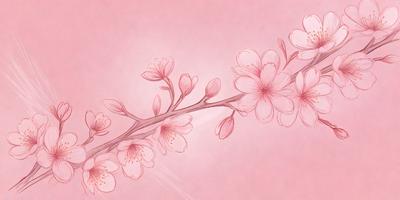 The primary subject of the image is a branch with pink flowers on it. The setting is a pink background, which adds to the overall mood of the scene. The visual style is a combination of a photo and a drawing, creating a unique and artistic representation of the branch with flowers. The colors and mood of the image are predominantly pink, giving it a warm and inviting atmosphere.