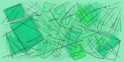 The primary subject of the image is a green, abstract art piece featuring a combination of lines, shapes, and colors. The setting is a green background, which complements the artwork. The visual style is a mix of digital art and illustration, creating a unique and eye-catching piece. The dominant colors are green and black, giving the artwork a modern and contemporary feel.