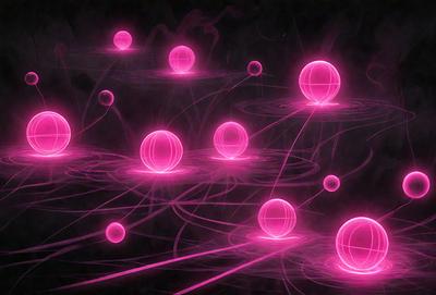 The primary subject of the image is a group of pink balls floating in a dark, swirling environment. The setting appears to be a black background, which contrasts with the vibrant pink color of the balls. The visual style of the image is a combination of digital art and illustration, creating a unique and captivating scene. The overall atmosphere of the image is one of intrigue and curiosity, as the viewer is drawn into the swirling mass of pink balls.