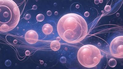 The primary subject of the image is a group of pink bubbles floating in a blue space. The setting appears to be a night sky, with the bubbles floating against a backdrop of stars. The visual style of the image is digital art, as it is a computer-generated representation of the bubbles. The dominant colors in the image are pink and blue, creating a serene and calming atmosphere.
