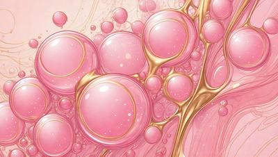 The primary subject of the image is a close-up of a pink bubble, which is part of a larger pink and gold bubble pattern. The setting is a pink and gold background, creating a visually appealing and vibrant scene. The visual style is a combination of digital art and illustration, with the bubbles appearing to be both realistic and artistic. The colors and mood of the image are predominantly pink and gold, giving it a warm and inviting atmosphere.