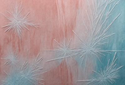 The primary subject of the image is a close-up of a pink and blue background with a pattern of white stars. The setting appears to be a wall or a piece of artwork, possibly a painting or a drawing. The visual style of the image is a combination of digital art and illustration, creating a unique and eye-catching design. The dominant colors in the image are pink, blue, and white, giving it a vibrant and lively atmosphere.