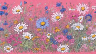 The primary subject of the image is a field filled with a variety of flowers, including white and blue ones. The setting is a pink background, which adds a vibrant and warm atmosphere to the scene. The visual style is a combination of digital art and illustration, creating a detailed and colorful representation of the flowers. The colors and mood of the image are predominantly pink and cheerful, with the flowers serving as the main focus and source of visual interest.