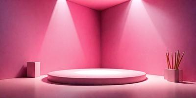 The primary subject of the image is a pink wall with a white circle in the middle. The setting is a room with a pink background. The visual style is a photo, and the colors and mood are predominantly pink and warm.