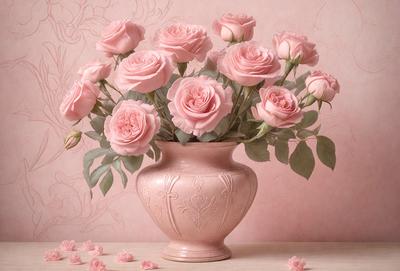 The primary subject of the image is a vase filled with pink roses. The vase is placed on a wooden table, and the roses are arranged in a bouquet. The setting is a room with a pink background, which adds to the overall mood of the scene. The visual style of the image is a close-up of the vase and roses, showcasing the details of the flowers and the vase. The colors and mood of the image are predominantly pink, creating a warm