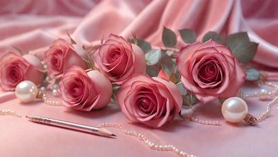 The primary subject of the image is a bouquet of pink roses. The setting is a pink background, which adds a warm and romantic atmosphere to the scene. The visual style is a close-up of the roses, showcasing their beauty and details. The colors and mood of the image are predominantly pink, creating a sense of love and affection.