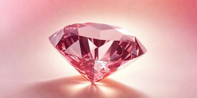 The primary subject of the image is a large, pink, cut-cornered diamond. The setting is a white background, which provides a clean and minimalist appearance. The visual style is a close-up of the diamond, showcasing its unique shape and color. The dominant colors are pink and white, creating a sense of elegance and luxury.