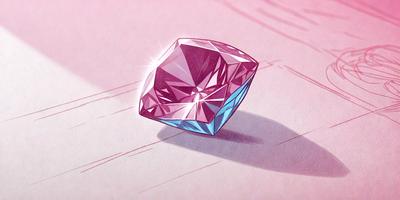 The primary subject of the image is a large, brightly colored, purple and blue gemstone. The gemstone is placed on a wooden table, which serves as the setting for the scene. The visual style of the image is a combination of digital art and illustration, creating a vibrant and eye-catching appearance. The dominant colors in the image are purple and blue, giving the scene a lively and energetic atmosphere.