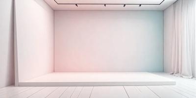 The primary subject of the image is a large, empty white room with a pink wall. The room appears to be a large, open space with no furniture or decorations. The setting/background is a plain white wall, which contrasts with the pink wall. The visual style of the image is a photo, capturing the emptiness and simplicity of the room. The colors and mood of the image are predominantly white and pink, creating a clean and minimalist atmosphere.