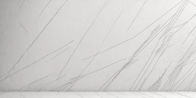 The primary subject of the image is a white wall with a pattern of lines on it. The setting is a room with a wooden floor. The visual style is a combination of a photo and a drawing, creating a unique and artistic appearance. The dominant colors are white and gray, giving the image a clean and minimalist feel.