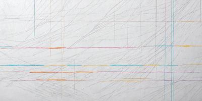The primary subject of the image is a white sheet of paper with a series of lines drawn on it. The lines are of various colors, including blue, yellow, and orange. The setting appears to be a simple, clean environment, with no background or distractions. The visual style of the image is a combination of drawing and digital art, as the lines are both precise and have a digital appearance. The colors and mood of the image are vibrant and lively, with the different colors creating a sense of movement and energy.