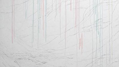 The primary subject of the image is a white marble wall with a pattern of dripping paint on it. The setting is a room with a white marble surface, and the visual style appears to be a combination of a photo and a drawing. The colors and mood of the image are predominantly white, with a hint of red from the dripping paint, creating a clean and minimalist atmosphere.