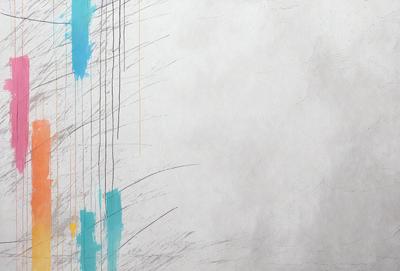 The primary subject of the image is a white wall with a few blue lines on it. The setting is a room with a white background. The visual style is a combination of a photo and a drawing, creating a unique and artistic appearance. The colors and mood of the image are predominantly white and blue, giving it a calm and serene atmosphere.