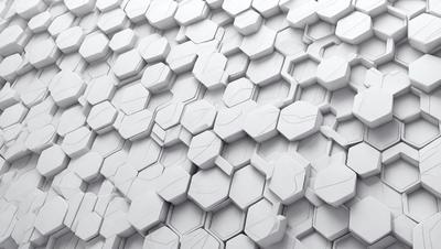 The primary subject of the image is a white wall with a pattern of hexagonal shapes. The setting is a room with a white background, and the visual style appears to be a combination of digital art and illustration. The dominant colors are white and gray, creating a clean and minimalist atmosphere.