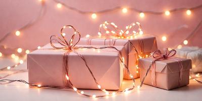 The primary subject of the image is a group of wrapped presents. The presents are placed on a table, and they are adorned with shiny lights, giving them a festive and celebratory appearance. The setting is indoors, with a pink background that complements the colorful presents. The visual style is a combination of photo and digital art, creating a visually appealing and festive scene. The colors and mood of the image are predominantly pink and warm, evoking feelings of joy and celebration