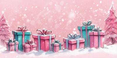 The image features a snowy scene with a group of five wrapped presents. The presents are placed in various positions, with some closer to the foreground and others further back. The snowy background adds a sense of cold and festivity to the scene. The overall atmosphere is warm and cozy, as the presents are likely to be gifts for a special occasion.