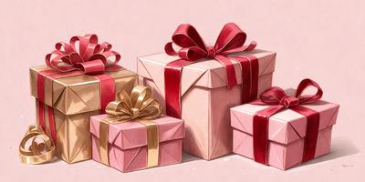 The primary subject of the image is a pink box with a red bow. The setting is a pink background, and the visual style is a drawing or illustration. The colors and mood of the image are predominantly pink and warm, creating a sense of love and affection.