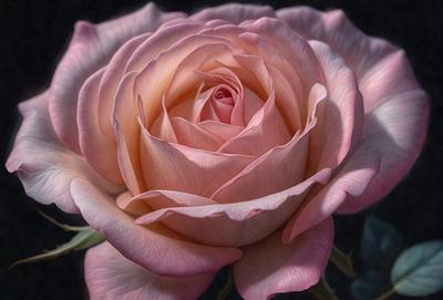 The primary subject of the image is a single pink rose. The rose is the main focus of the image, and it is displayed against a black background. The visual style of the image is a close-up of the rose, showcasing its details and texture. The dominant colors in the image are pink and black, creating a striking contrast between the rose and its surroundings. The overall atmosphere of the image is elegant and romantic, as the rose is often associated with love and beauty.